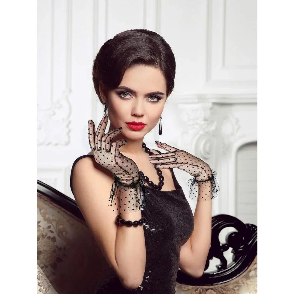 Women's Evening Black Elegant Polka Dot Mitten Lace Gloves Party Tea Accessories